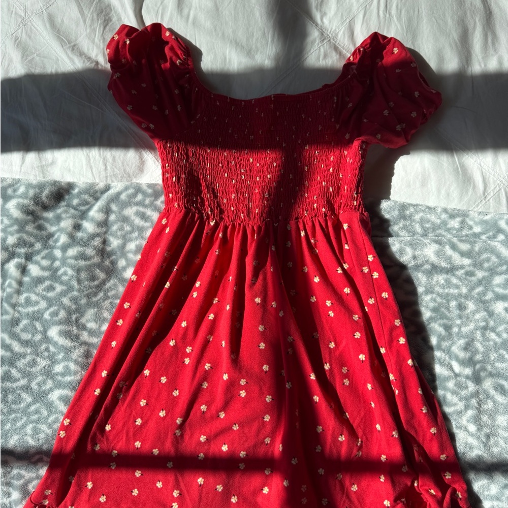 Red Floral Smocked Dress